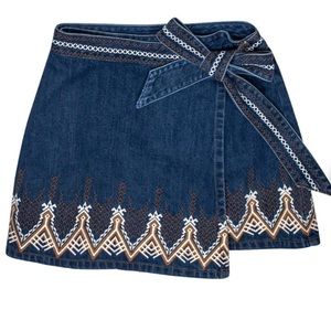 Free People - Denim Embroidered Mini Wrap Skirt